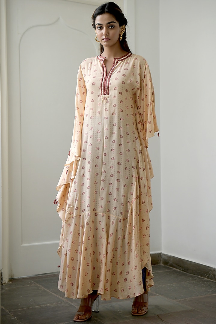 Peach & Salmon Pink Hand Block Printed Kaftan by TARO at Pernia's Pop Up Shop