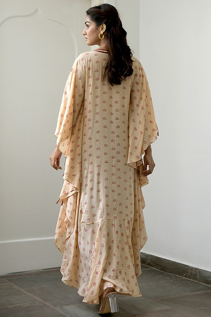 Peach & Salmon Pink Hand Block Printed Kaftan by TARO at Pernia's Pop Up Shop