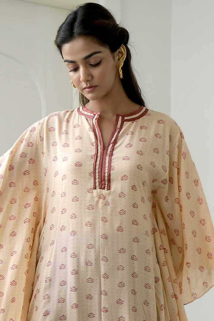 Peach & Salmon Pink Hand Block Printed Kaftan by TARO at Pernia's Pop Up Shop