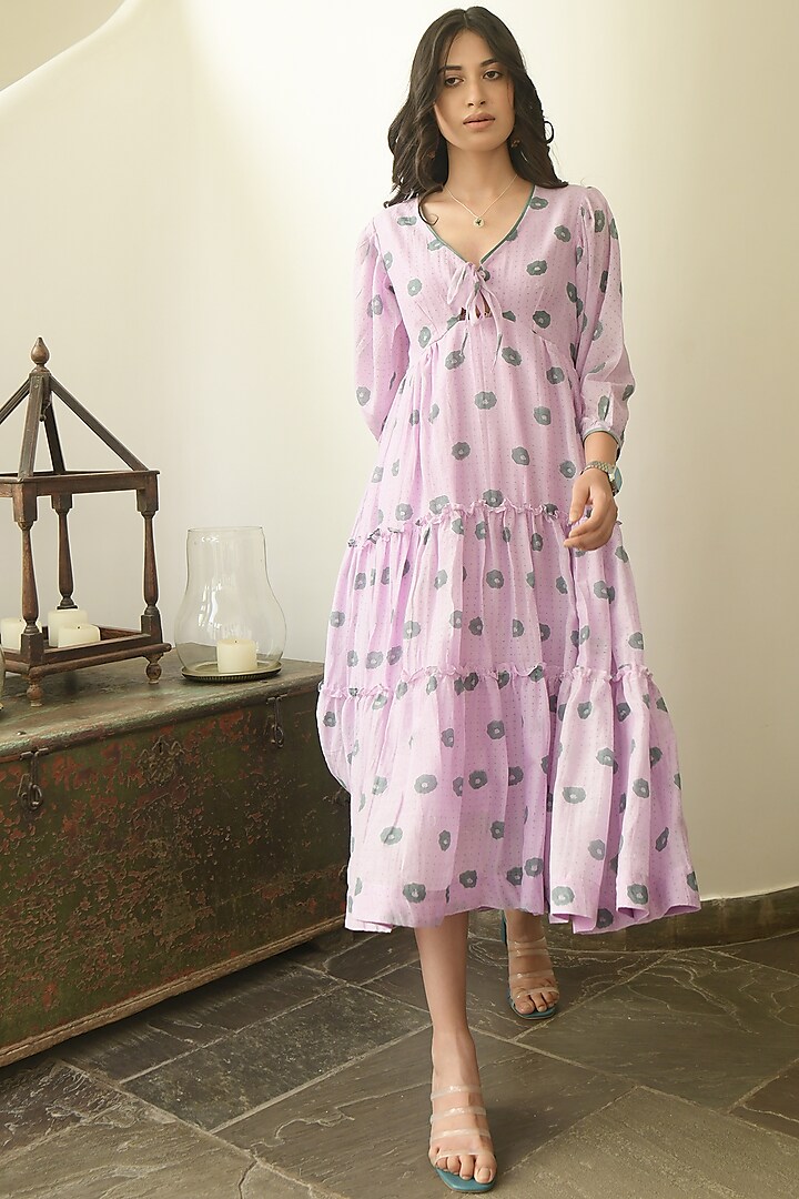 Lavender Block Printed Tiered Dress by TARO