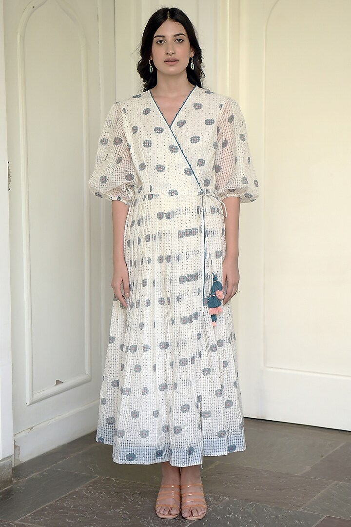 Ivory Block Printed Overlapped Dress by TARO