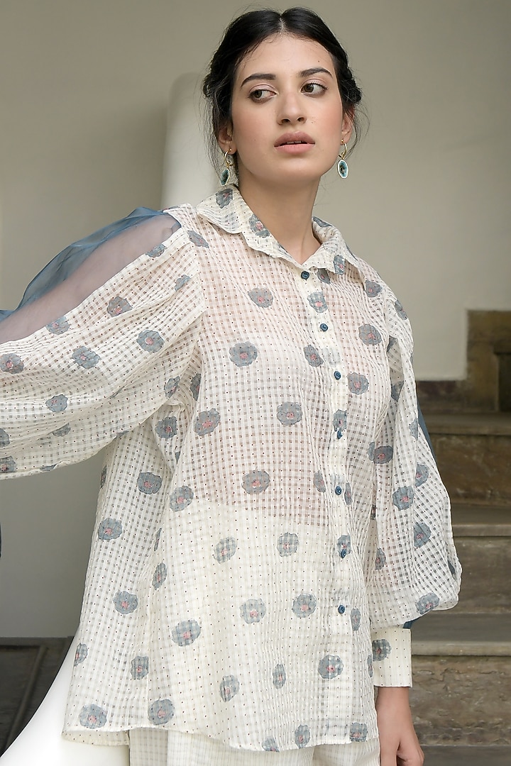 Ivory Block Printed Shirt With Organza Sleeves by TARO at Pernia's Pop Up Shop
