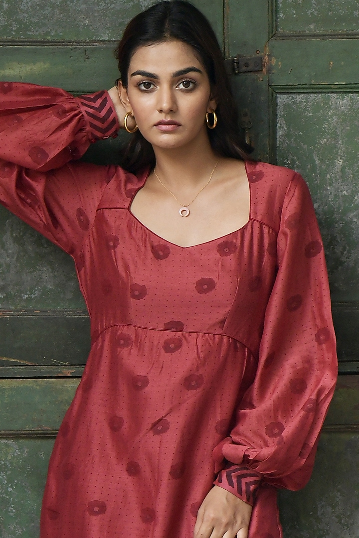 Brick Red Floral Printed A-Line Summer Dress by TARO at Pernia's Pop Up Shop