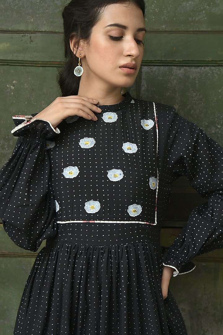 Black Floral Printed A-Line Gathered Summer Dress by TARO at Pernia's Pop Up Shop