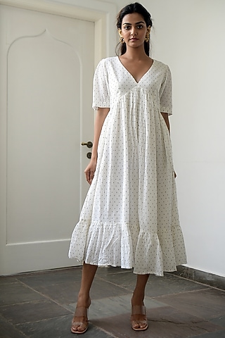 White Self Printed A-Line Dress by TARO