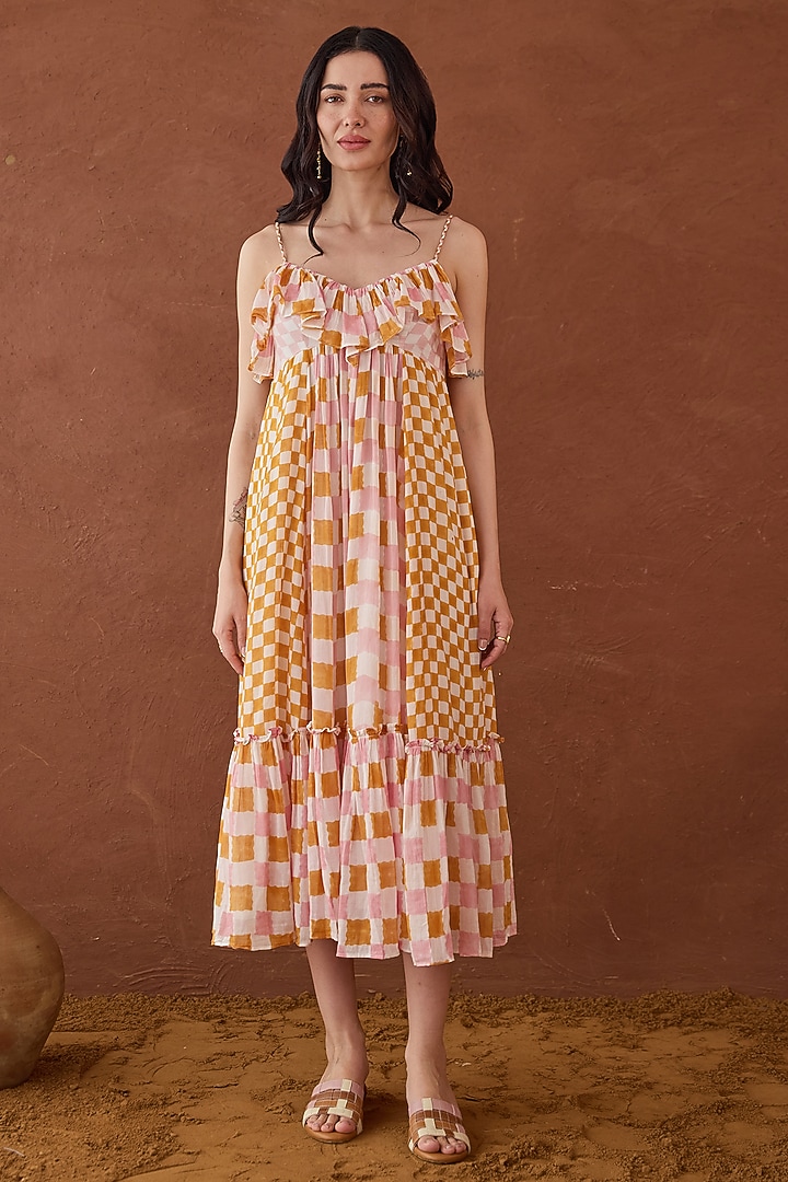 Multi-Coloured Cotton Mulmul Hand Block Printed A-line Summer Dress by TARO at Pernia's Pop Up Shop