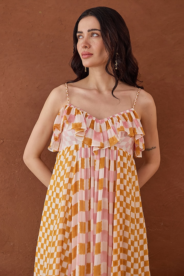 Multi-Coloured Cotton Mulmul Hand Block Printed A-line Summer Dress by TARO at Pernia's Pop Up Shop