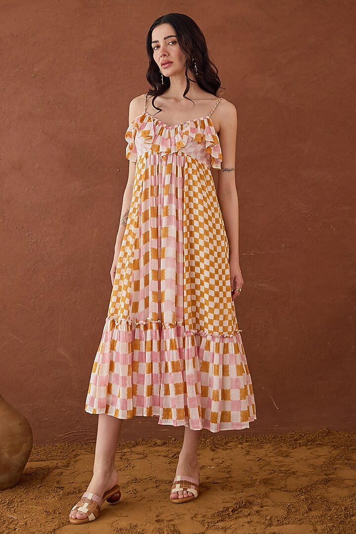 Multi-Coloured Cotton Mulmul Hand Block Printed A-line Summer Dress by TARO at Pernia's Pop Up Shop