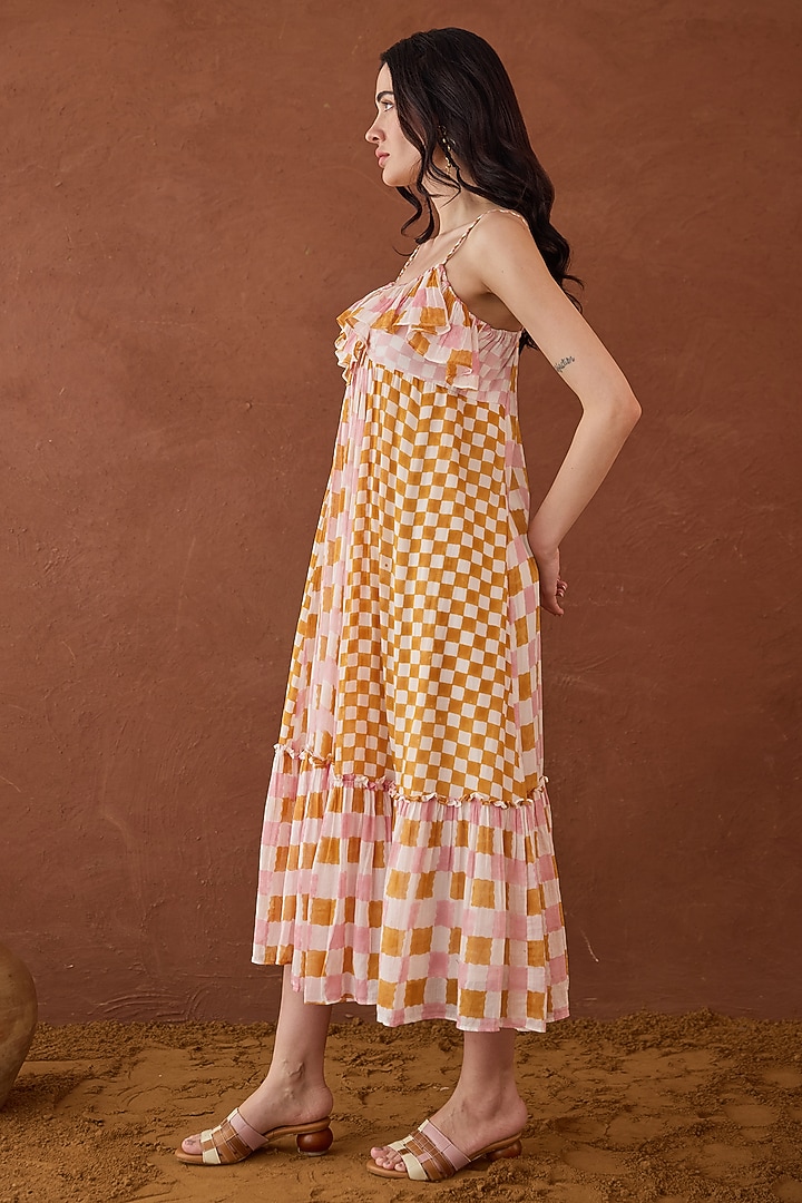 Multi-Coloured Cotton Mulmul Hand Block Printed A-line Summer Dress by TARO at Pernia's Pop Up Shop