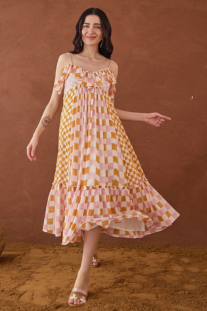 Multi-Coloured Cotton Mulmul Hand Block Printed A-line Summer Dress by TARO at Pernia's Pop Up Shop