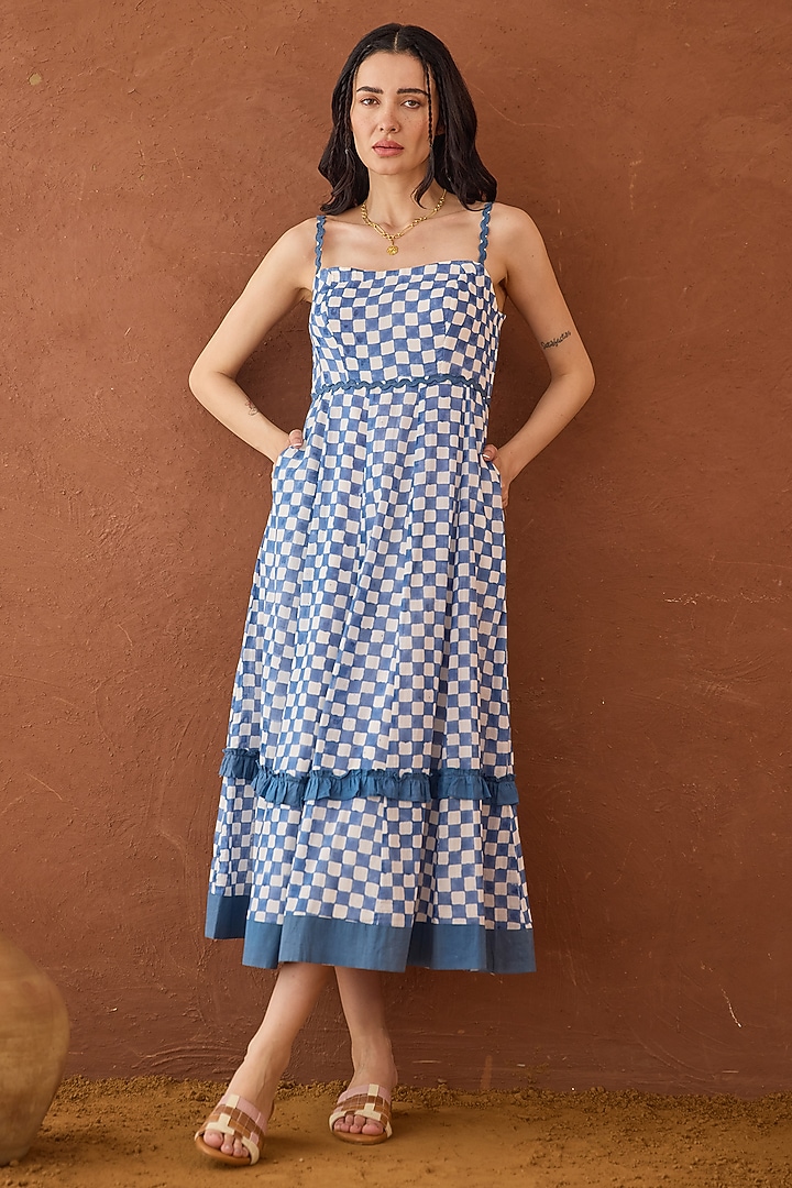 Blue Cotton Mulmul Hand Block Printed A-Line Summer Dress by TARO at Pernia's Pop Up Shop