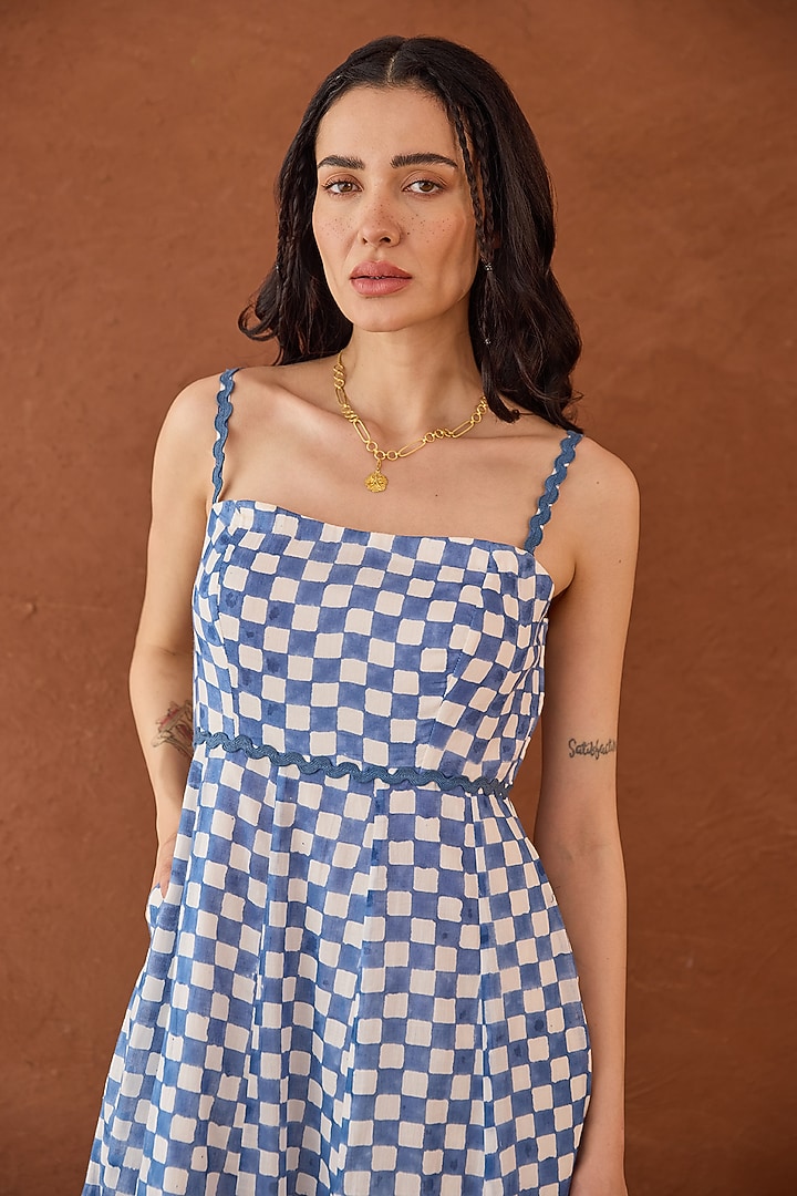Blue Cotton Mulmul Hand Block Printed A-Line Summer Dress by TARO at Pernia's Pop Up Shop