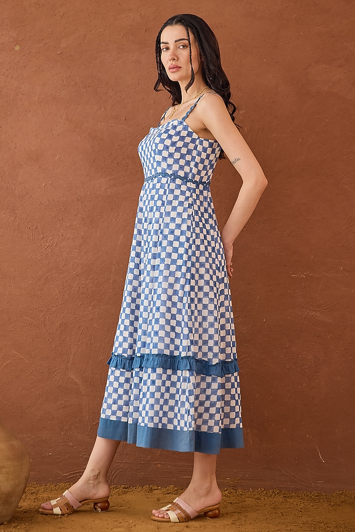 Blue Cotton Mulmul Hand Block Printed A-Line Summer Dress by TARO at Pernia's Pop Up Shop