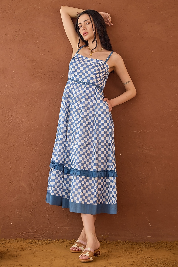 Blue Cotton Mulmul Hand Block Printed A-Line Summer Dress by TARO at Pernia's Pop Up Shop