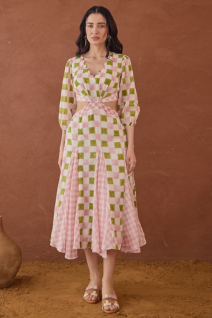 Pink & Green Cotton Mulmul Hand Block Printed Flared Midi Summer Dress by TARO at Pernia's Pop Up Shop