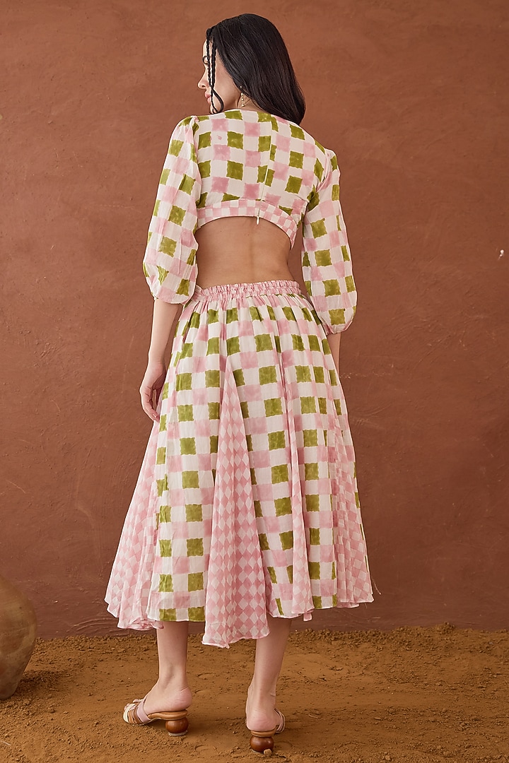 Pink & Green Cotton Mulmul Hand Block Printed Flared Midi Summer Dress by TARO at Pernia's Pop Up Shop