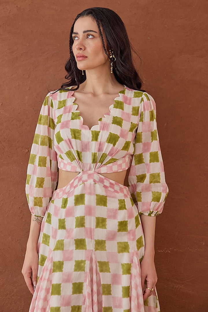 Pink & Green Cotton Mulmul Hand Block Printed Flared Midi Summer Dress by TARO at Pernia's Pop Up Shop
