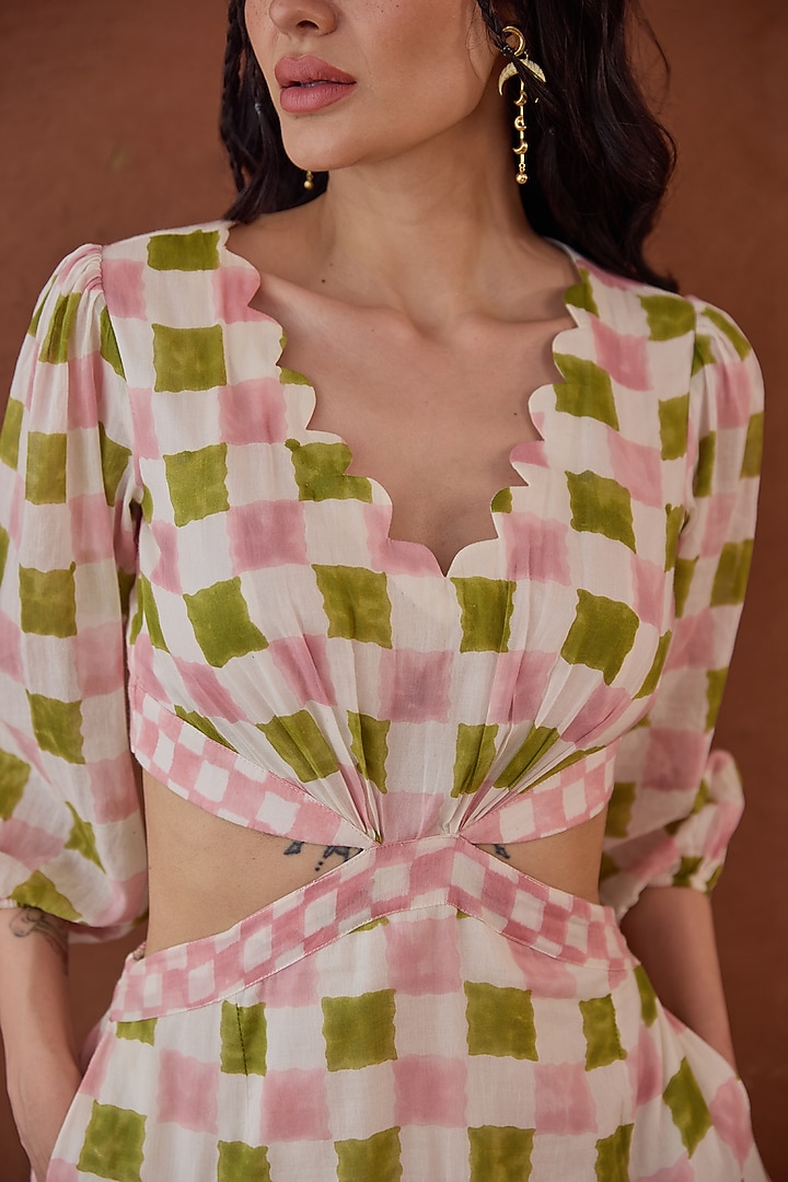 Pink & Green Cotton Mulmul Hand Block Printed Flared Midi Summer Dress by TARO at Pernia's Pop Up Shop