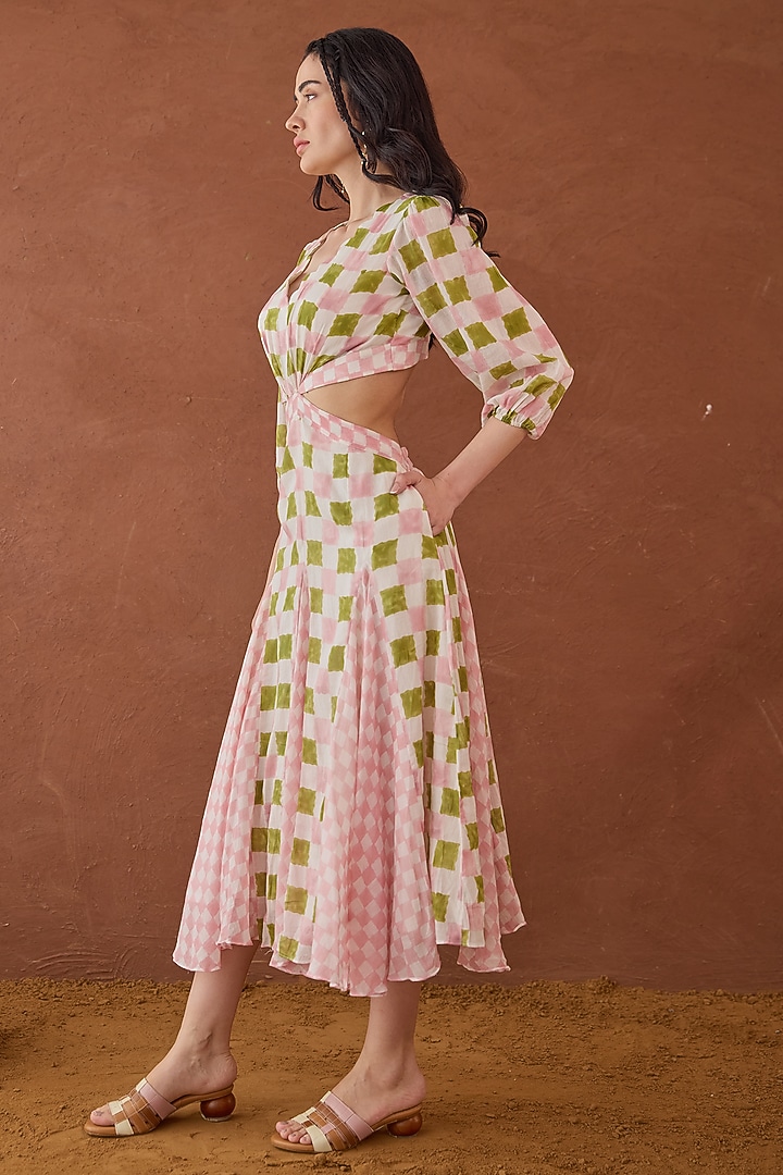 Pink & Green Cotton Mulmul Hand Block Printed Flared Midi Summer Dress by TARO at Pernia's Pop Up Shop