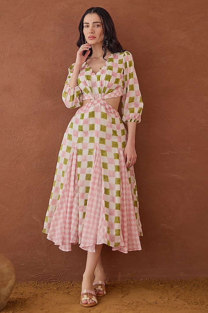 Pink & Green Cotton Mulmul Hand Block Printed Flared Midi Summer Dress by TARO at Pernia's Pop Up Shop