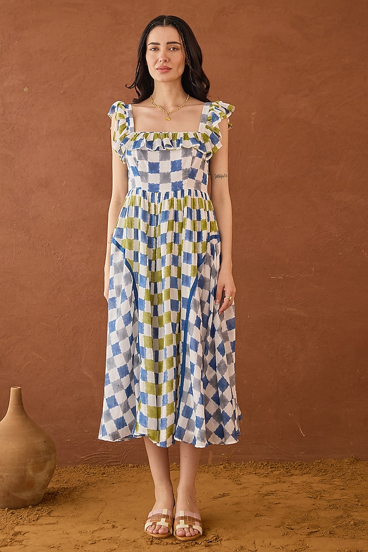 Multi-Coloured Cotton Mulmul Checkered A-Line Summer Dress by TARO at Pernia's Pop Up Shop