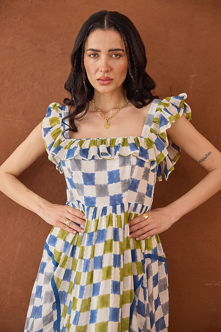 Multi-Coloured Cotton Mulmul Checkered A-Line Summer Dress by TARO at Pernia's Pop Up Shop