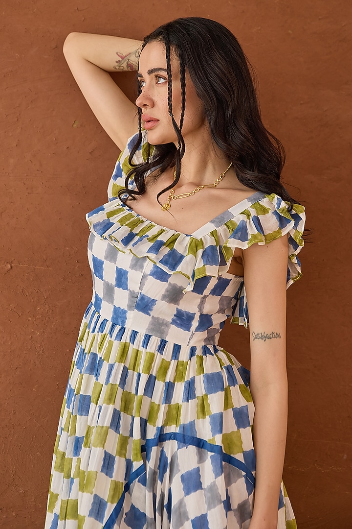 Multi-Coloured Cotton Mulmul Checkered A-Line Summer Dress by TARO at Pernia's Pop Up Shop