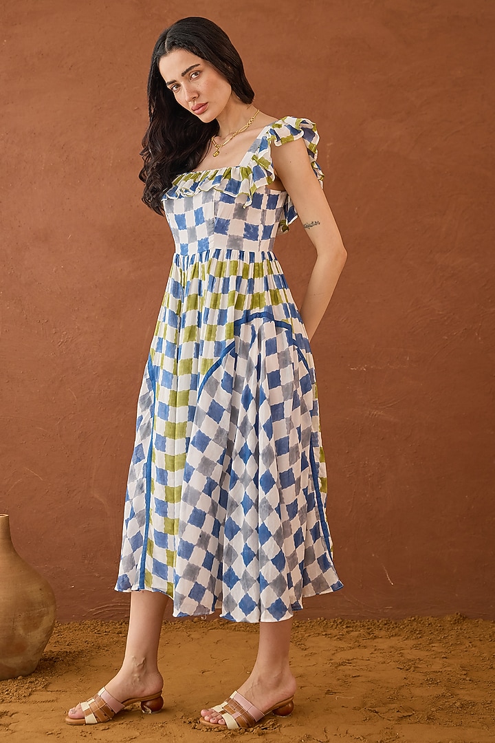 Multi-Coloured Cotton Mulmul Checkered A-Line Summer Dress by TARO at Pernia's Pop Up Shop