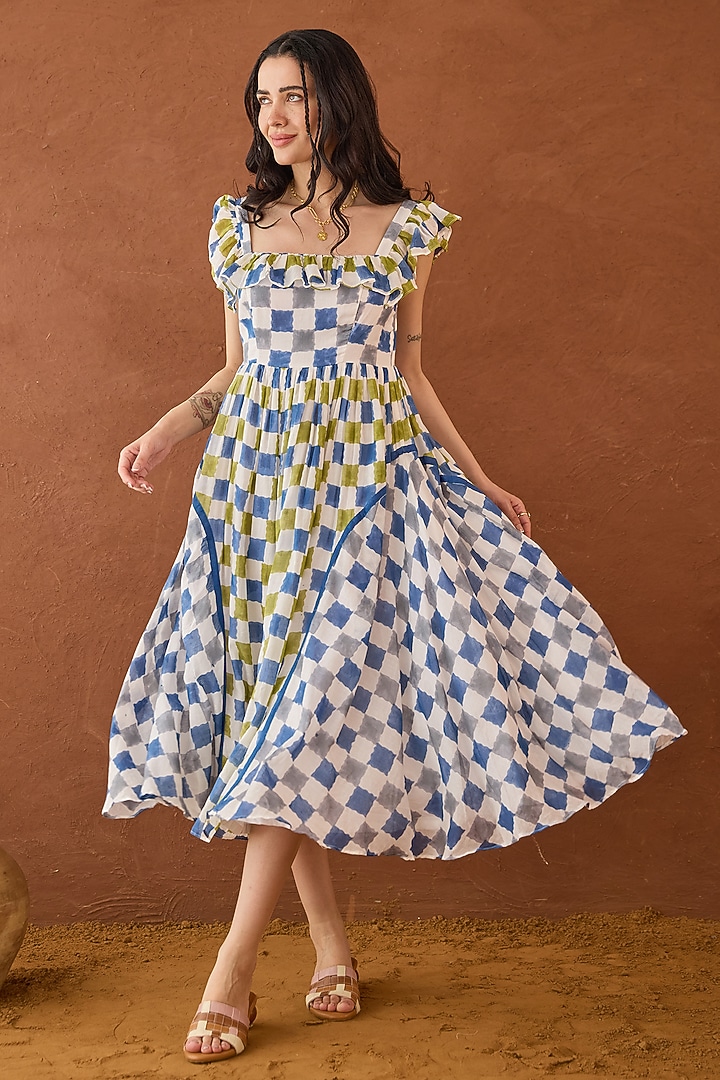 Multi-Coloured Cotton Mulmul Checkered A-Line Summer Dress by TARO at Pernia's Pop Up Shop
