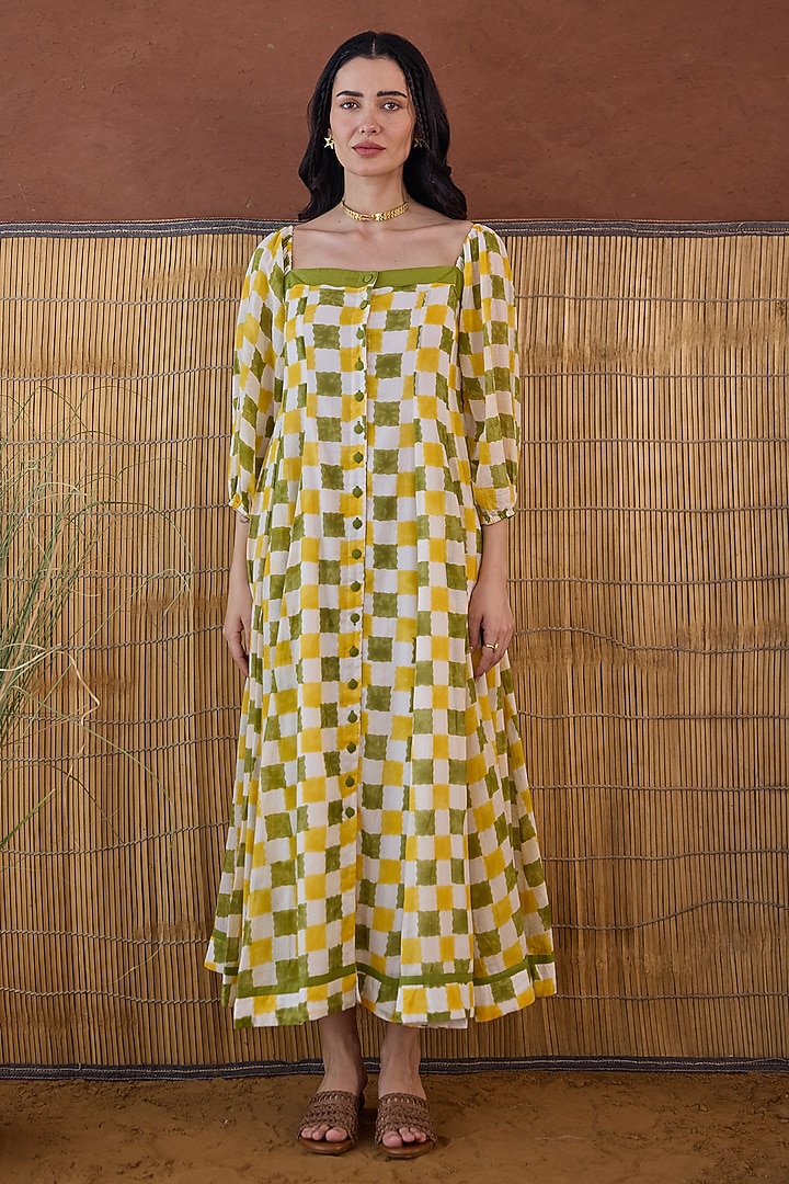 Yellow Cotton Mulmul Hand Block Printed Summer Dress by TARO at Pernia's Pop Up Shop