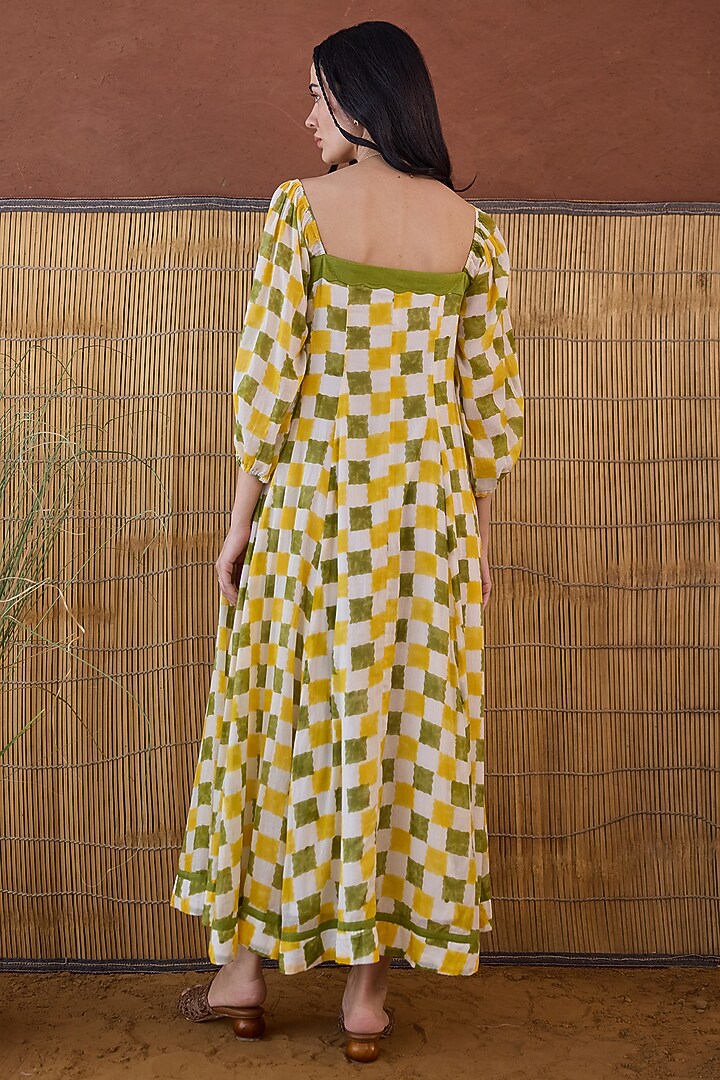 Yellow Cotton Mulmul Hand Block Printed Summer Dress by TARO at Pernia's Pop Up Shop