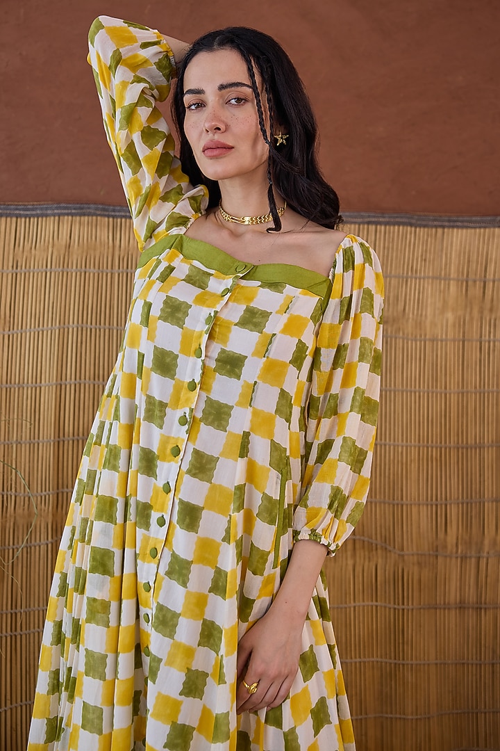 Yellow Cotton Mulmul Hand Block Printed Summer Dress by TARO at Pernia's Pop Up Shop