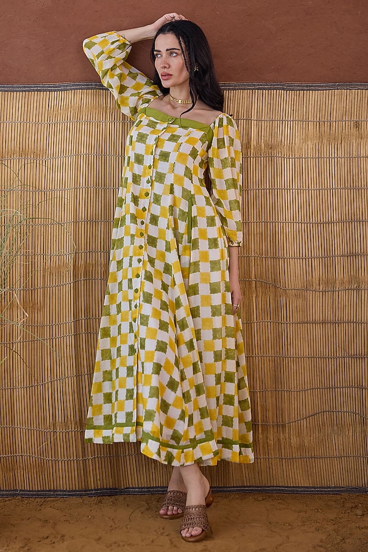 Yellow Cotton Mulmul Hand Block Printed Summer Dress by TARO at Pernia's Pop Up Shop