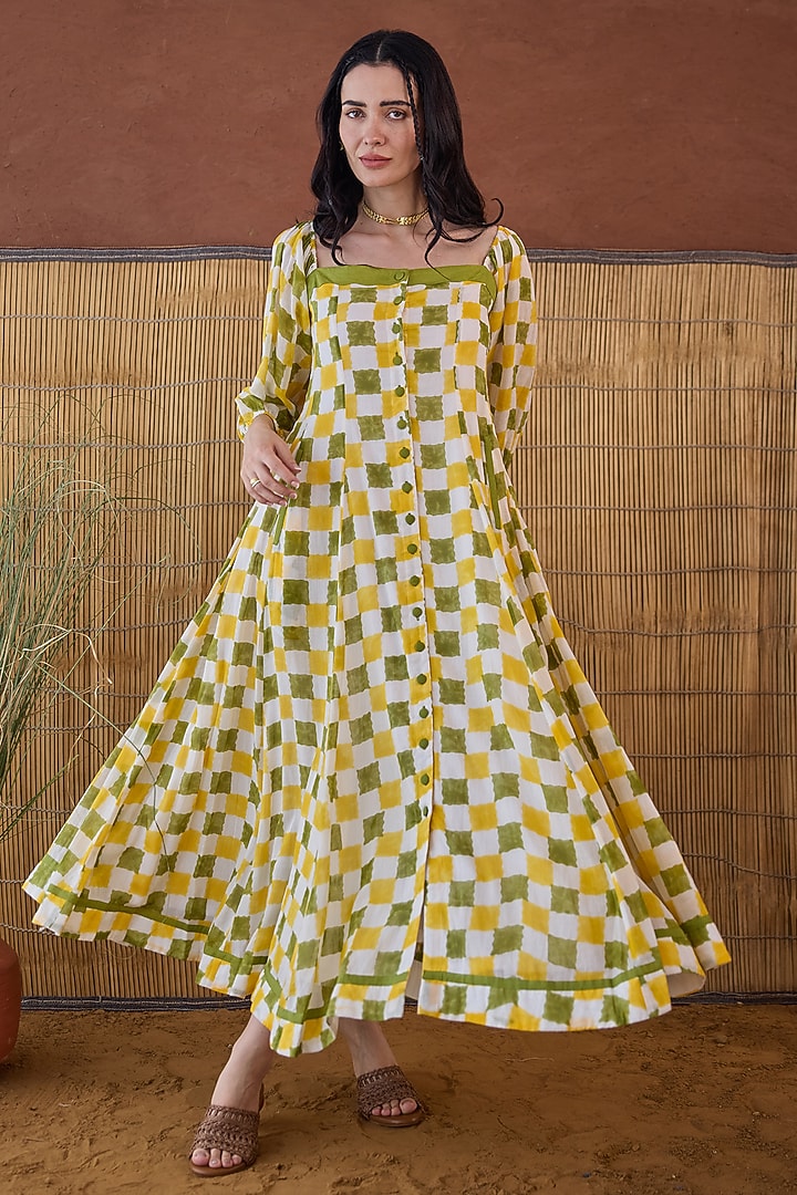 Yellow Cotton Mulmul Hand Block Printed Summer Dress by TARO at Pernia's Pop Up Shop
