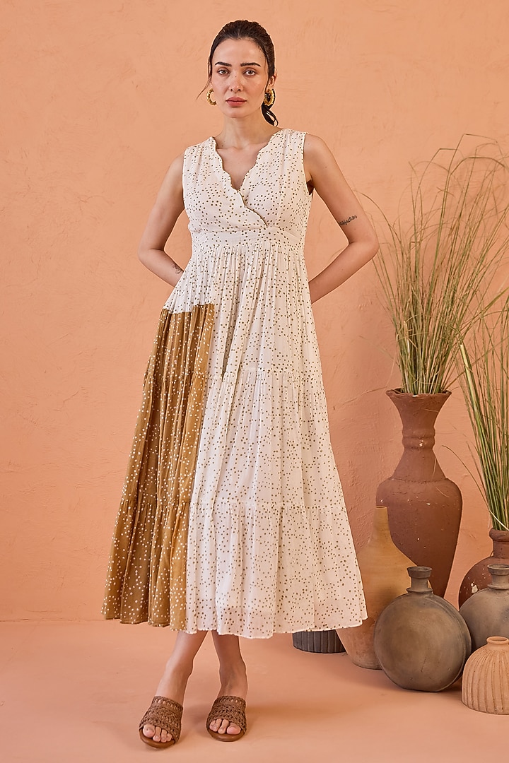 White Cotton Mulmul Hand Block Printed Flared Summer Dress by TARO at Pernia's Pop Up Shop