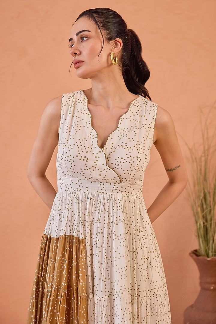 White Cotton Mulmul Hand Block Printed Flared Summer Dress by TARO at Pernia's Pop Up Shop