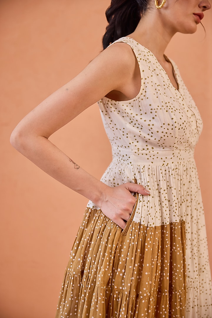 White Cotton Mulmul Hand Block Printed Flared Summer Dress by TARO at Pernia's Pop Up Shop