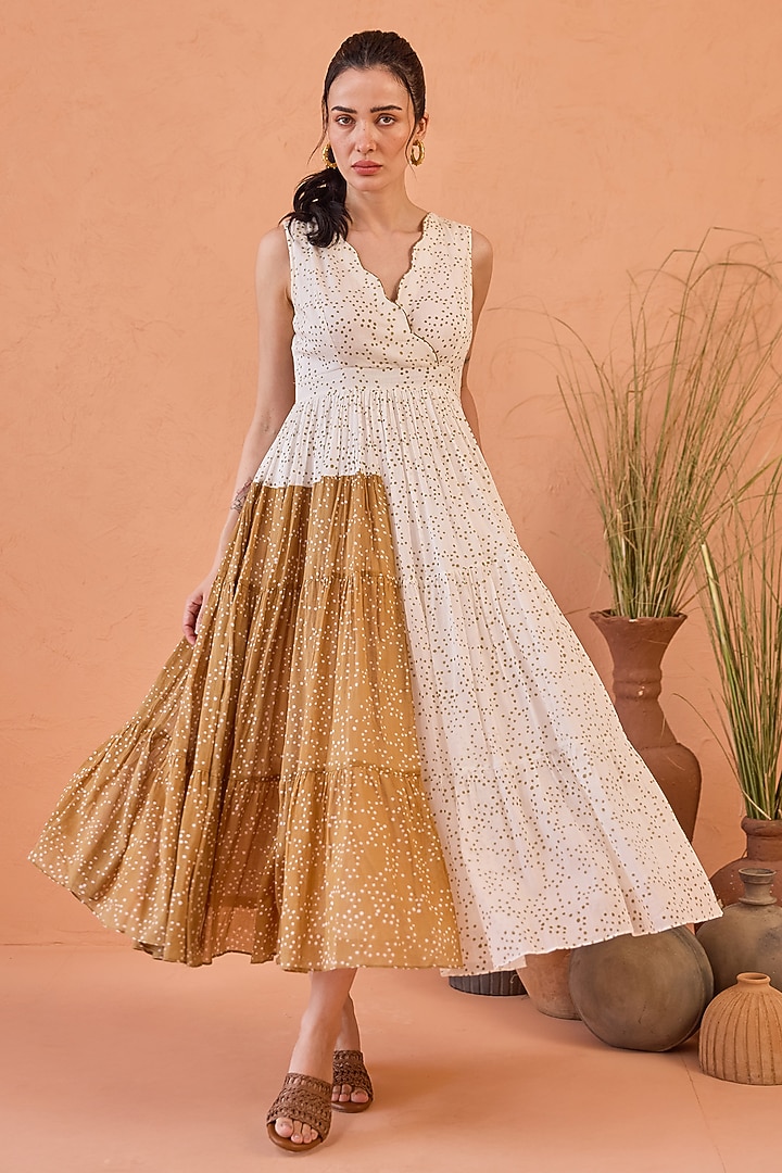 White Cotton Mulmul Hand Block Printed Flared Summer Dress by TARO at Pernia's Pop Up Shop