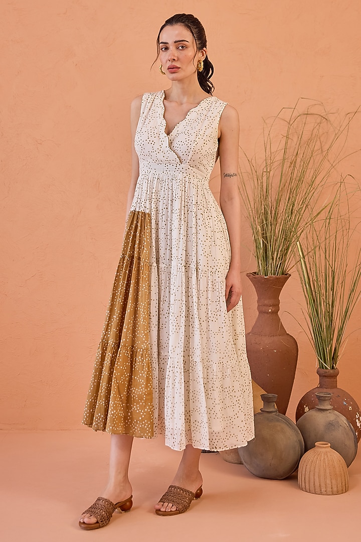 White Cotton Mulmul Hand Block Printed Flared Summer Dress by TARO at Pernia's Pop Up Shop