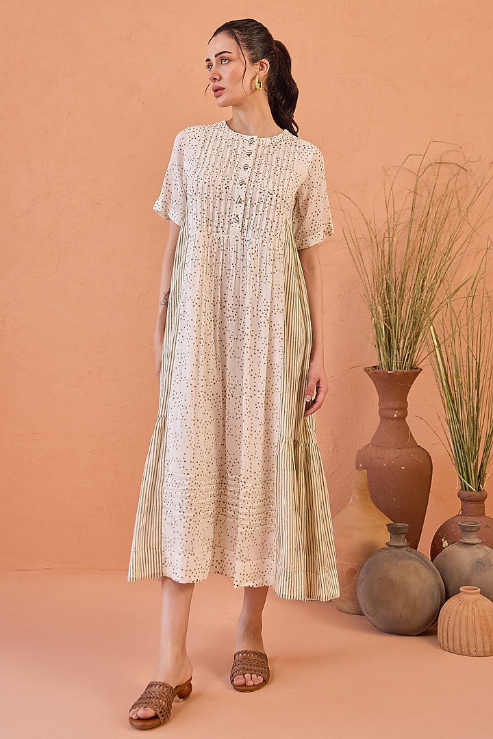 White Cotton Mulmul Hand Block Printed Pleated Midi Summer Dress by TARO at Pernia's Pop Up Shop