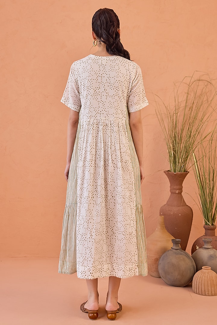 White Cotton Mulmul Hand Block Printed Pleated Midi Summer Dress by TARO at Pernia's Pop Up Shop