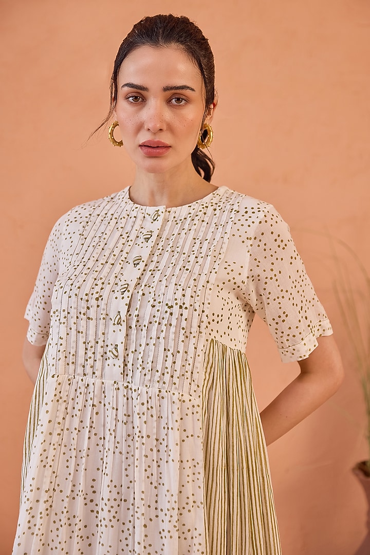 White Cotton Mulmul Hand Block Printed Pleated Midi Summer Dress by TARO at Pernia's Pop Up Shop