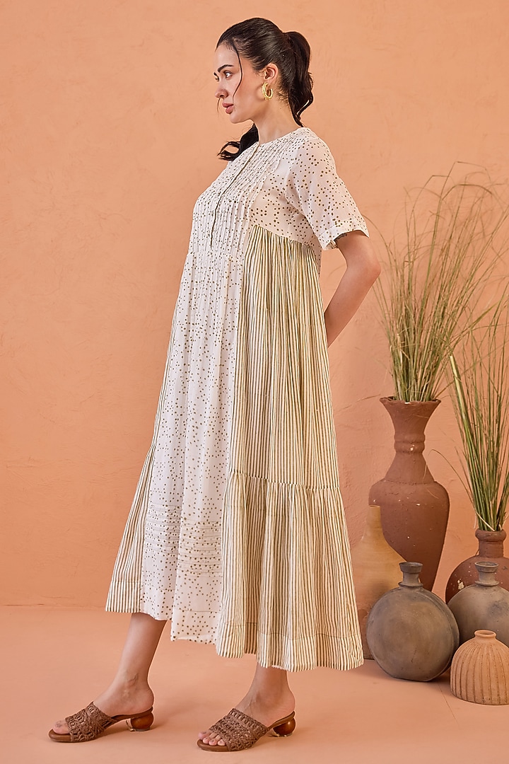 White Cotton Mulmul Hand Block Printed Pleated Midi Summer Dress by TARO at Pernia's Pop Up Shop