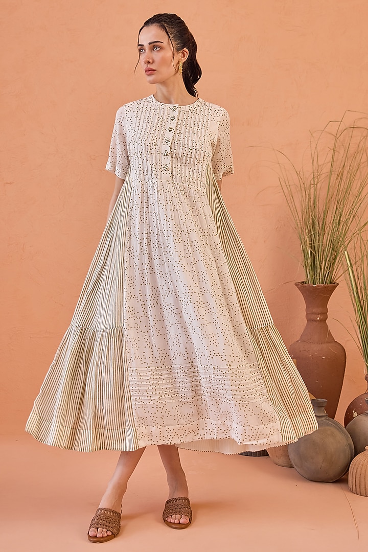 White Cotton Mulmul Hand Block Printed Pleated Midi Summer Dress by TARO at Pernia's Pop Up Shop