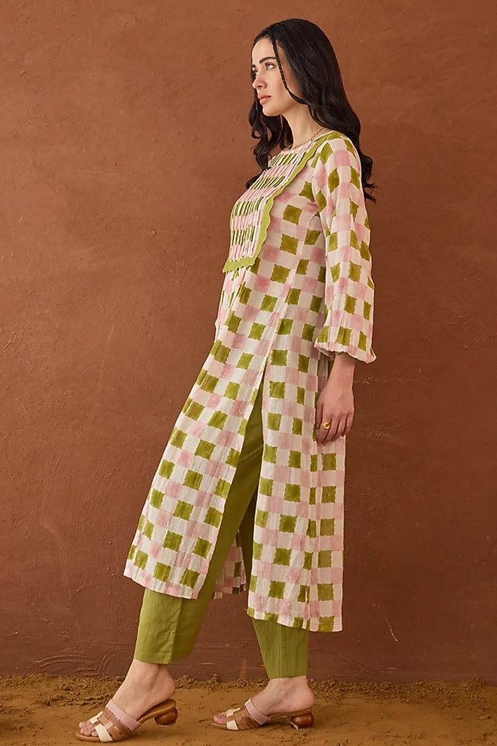 Lime Green Cotton Mulmul Hand Block Printed Kurta Set by TARO at Pernia's Pop Up Shop