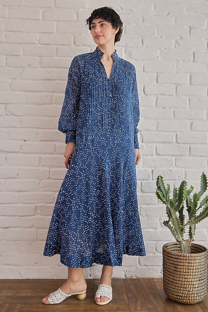 Blue Cotton Mulmul Hand Block Printed Summer Dress by TARO at Pernia's Pop Up Shop