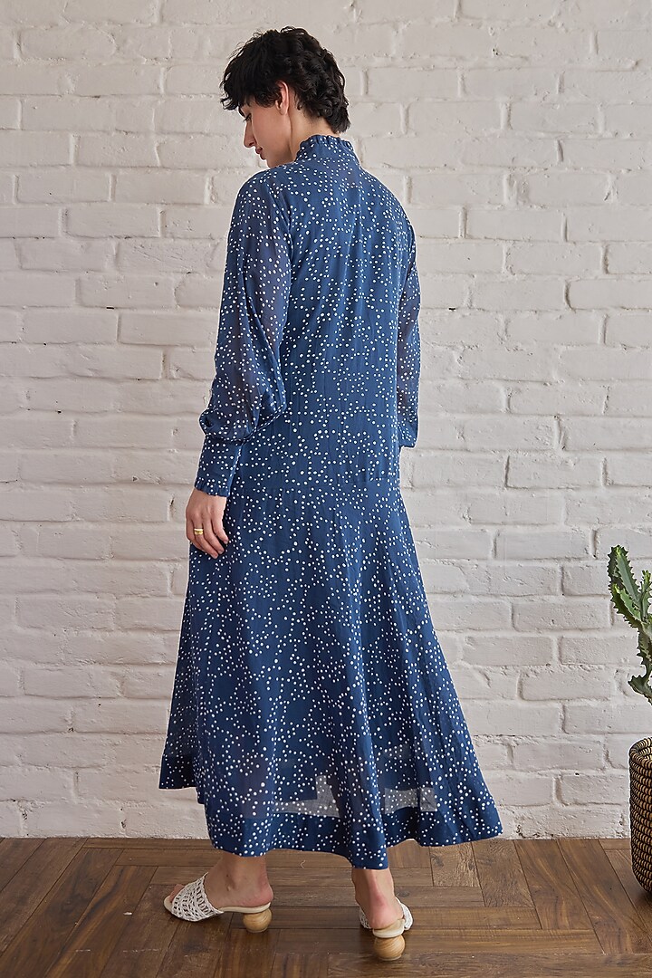 Blue Cotton Mulmul Hand Block Printed Summer Dress by TARO at Pernia's Pop Up Shop