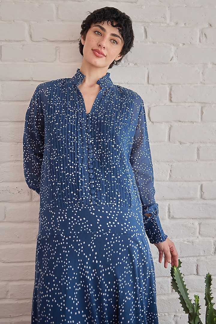 Blue Cotton Mulmul Hand Block Printed Summer Dress by TARO at Pernia's Pop Up Shop