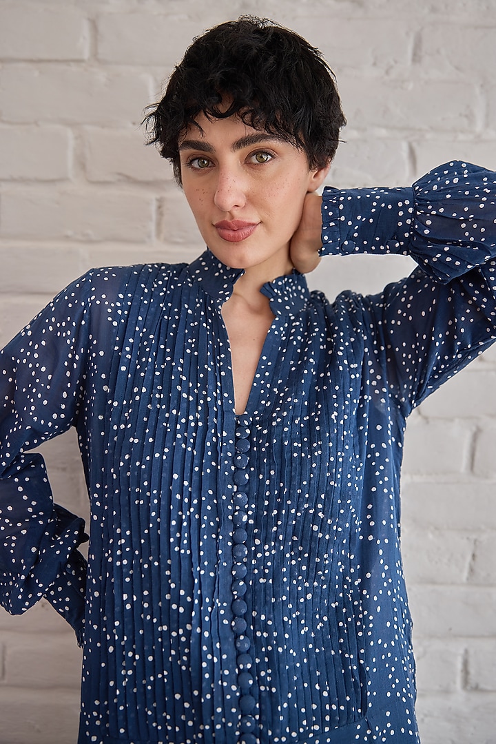 Blue Cotton Mulmul Hand Block Printed Summer Dress by TARO at Pernia's Pop Up Shop
