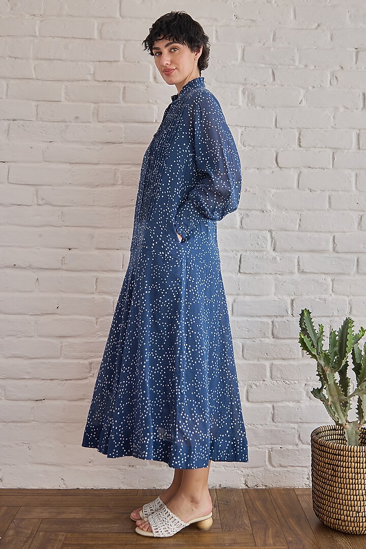 Blue Cotton Mulmul Hand Block Printed Summer Dress by TARO at Pernia's Pop Up Shop